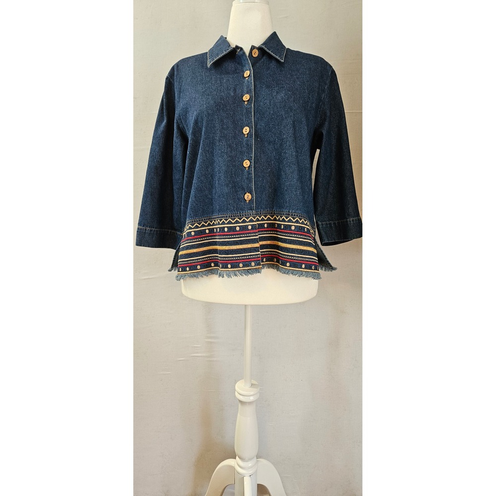 Mountain Lake Casuals Petite Denim Shirt Jacket Embroidered Southwestern Blue PM